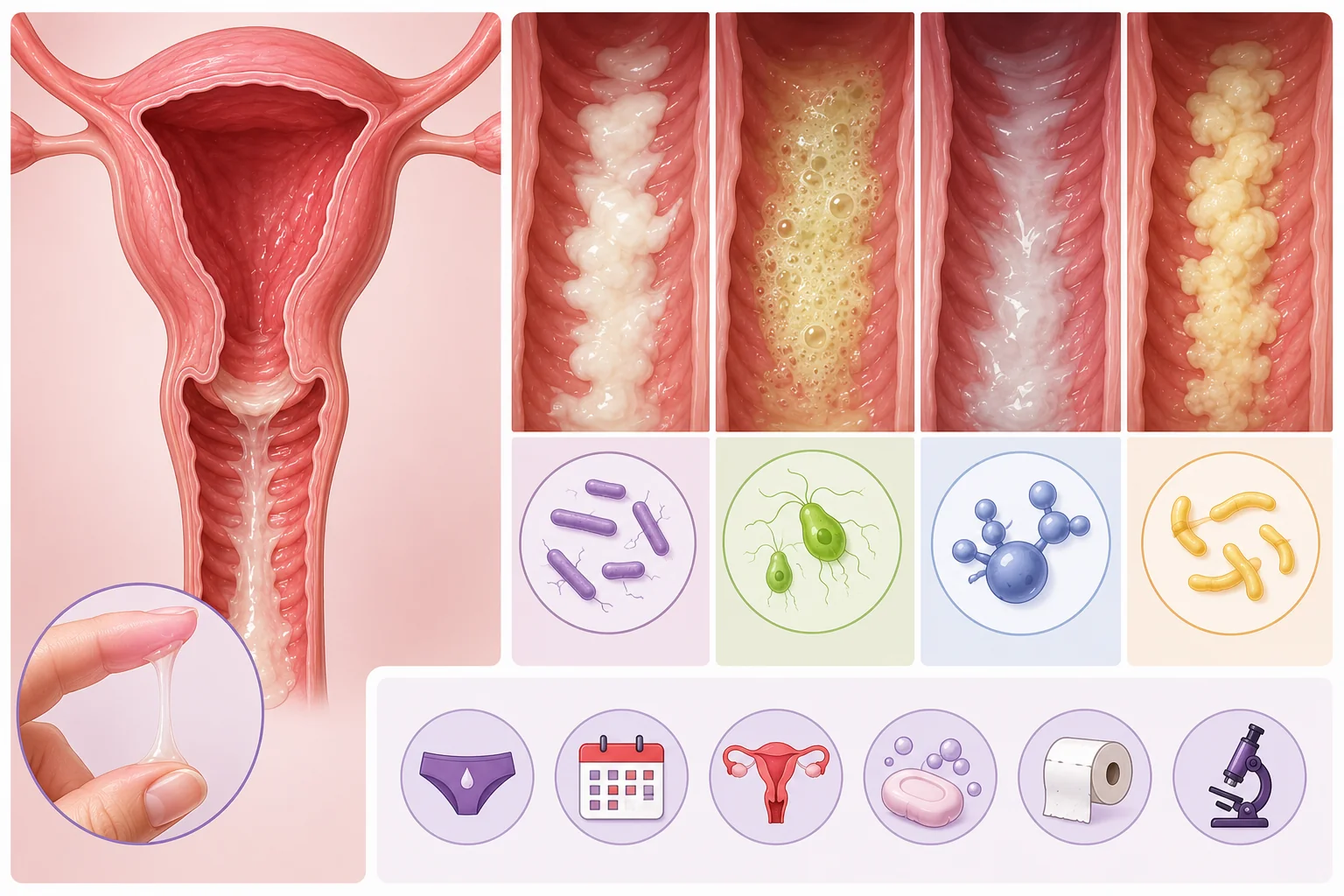 Tipos de corrimento vaginal lado a lado: branco em grumos, amarelo-esverdeado com bolhas, acinzentado fino e amarelado espesso, com o microrganismo associado a cada padrão.