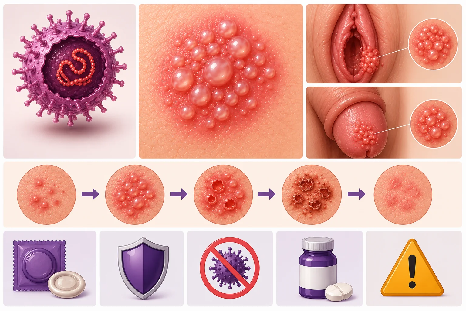 Ilustração do herpes genital: o vírus HSV, um grupo de vesículas sobre a pele avermelhada, lesões na vulva e no pênis e a evolução das lesões em cinco etapas, das primeiras vesículas até a cicatrização.
